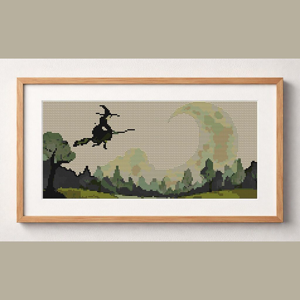 night-broom-witch framed cross stitch mockup, realistic finished embroidery design, PDF pattern digital download