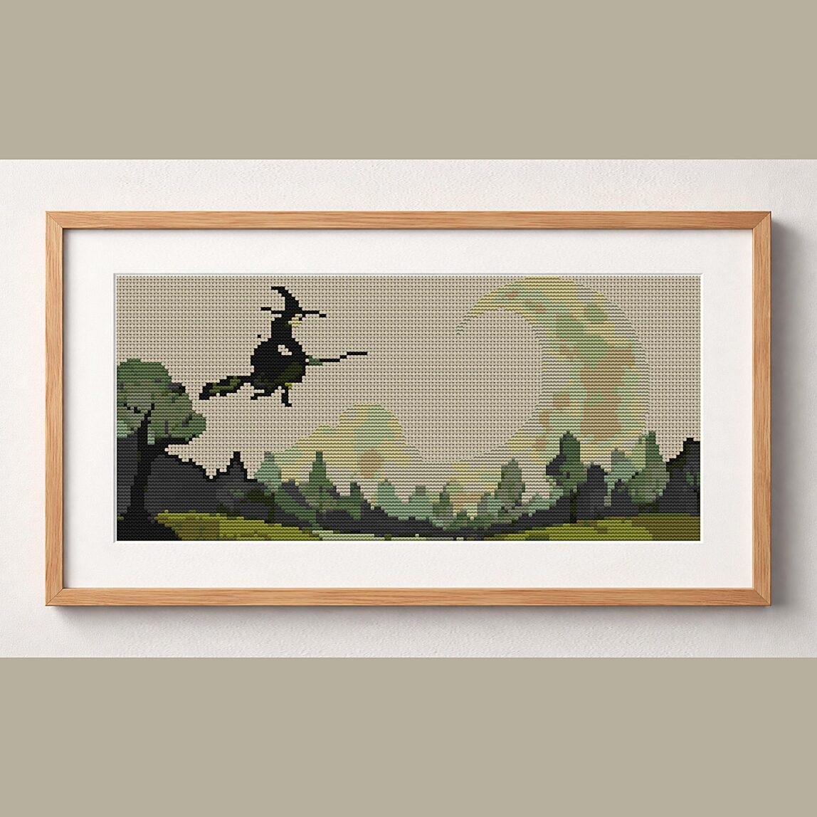 night-broom-witch framed cross stitch mockup, realistic finished embroidery design, PDF pattern digital download