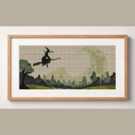 night-broom-witch framed cross stitch mockup, realistic finished embroidery design, PDF pattern digital download