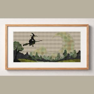 night-broom-witch framed cross stitch mockup, realistic finished embroidery design, PDF pattern digital download