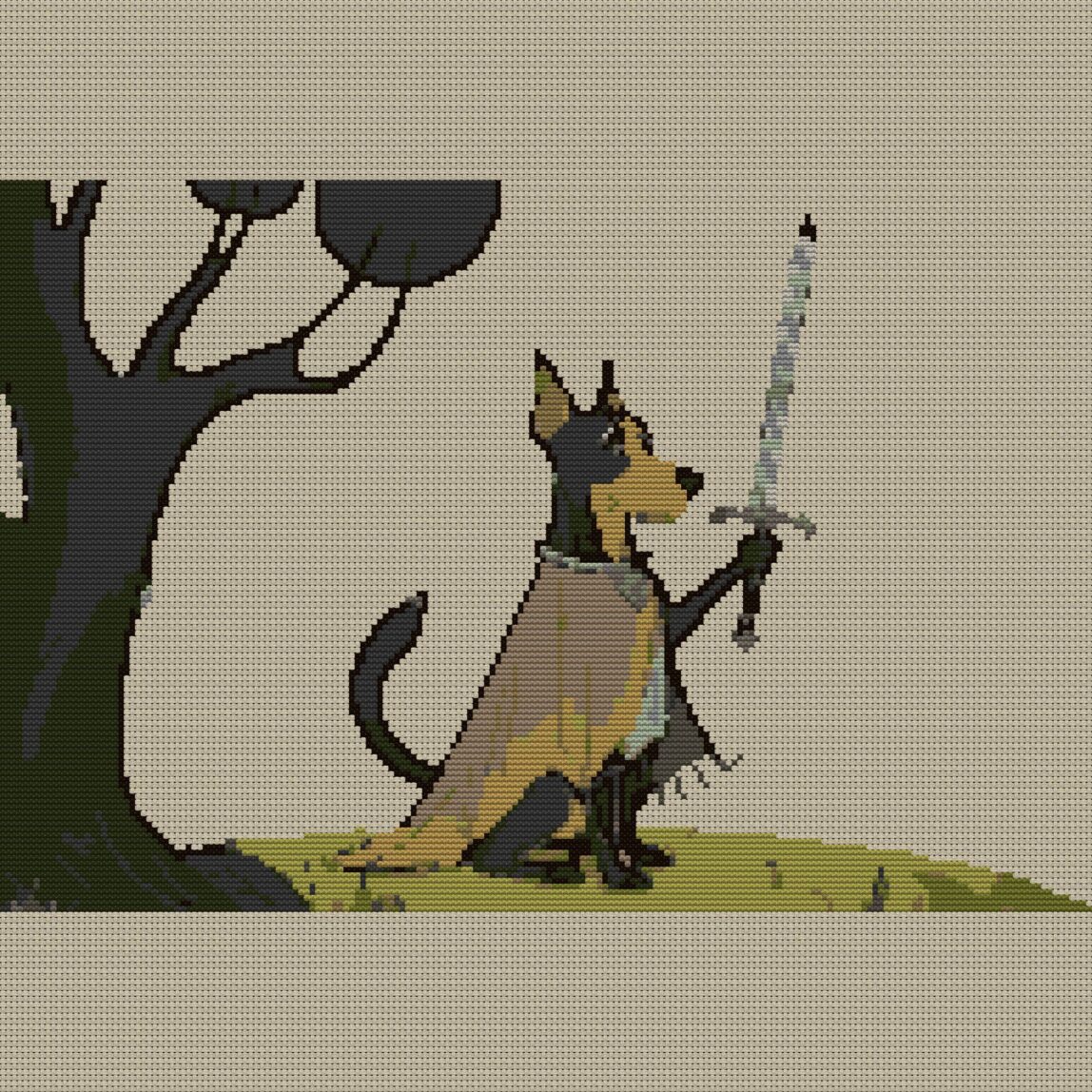 noble-knight-dog full cross stitch design mockup without frame, realistic embroidery preview
