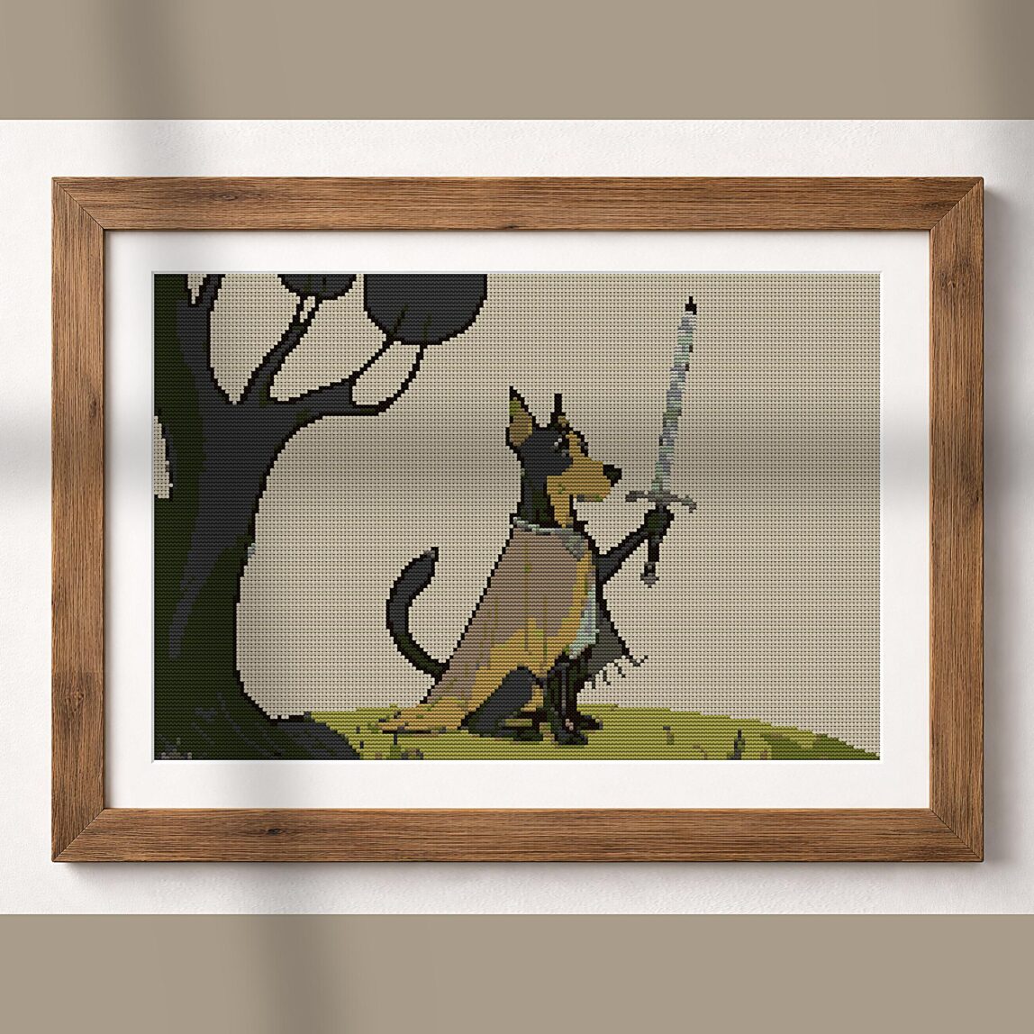 noble-knight-dog alternative framed cross stitch mockup, realistic finished embroidery presentation