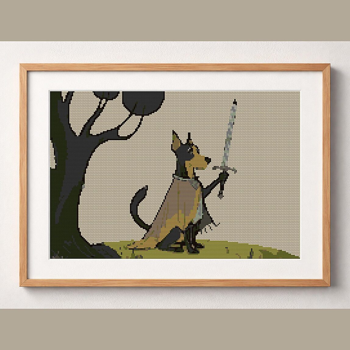 noble-knight-dog framed cross stitch mockup, realistic finished embroidery design, PDF pattern digital download