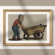 old-cart-man alternative framed cross stitch mockup, realistic finished embroidery presentation