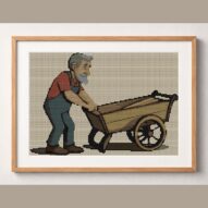 old-cart-man framed cross stitch mockup, realistic finished embroidery design, PDF pattern digital download