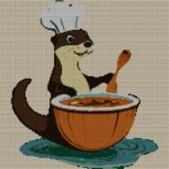 otter-cooking-lunch full cross stitch design mockup without frame, realistic embroidery preview