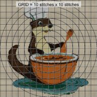 otter-cooking-lunch close-up cross stitch detail showing color changes, confetti areas and stitch texture