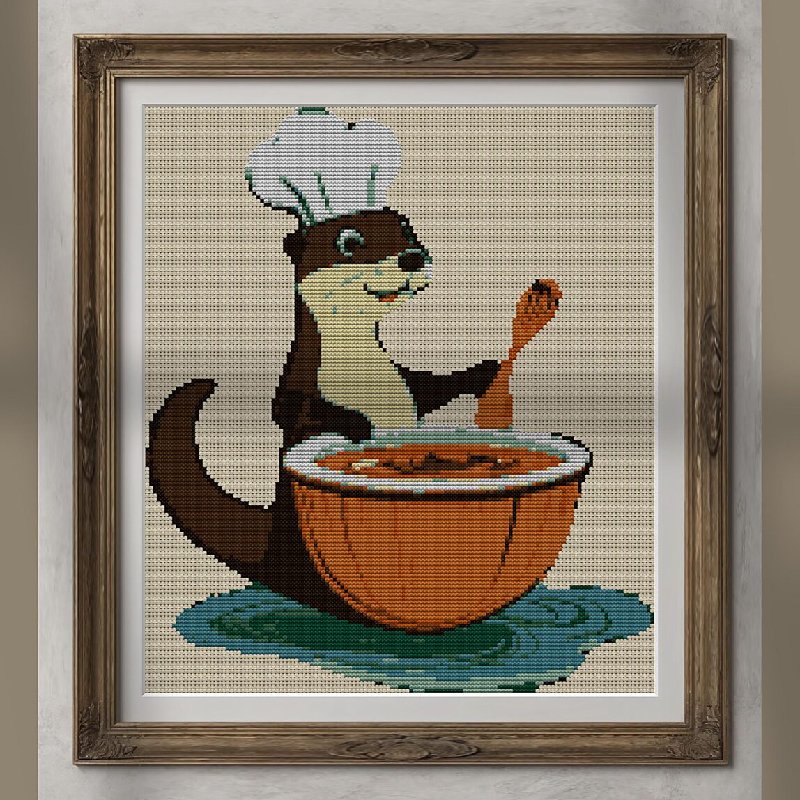 otter-cooking-lunch alternative framed cross stitch mockup, realistic finished embroidery presentation