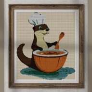 otter-cooking-lunch alternative framed cross stitch mockup, realistic finished embroidery presentation