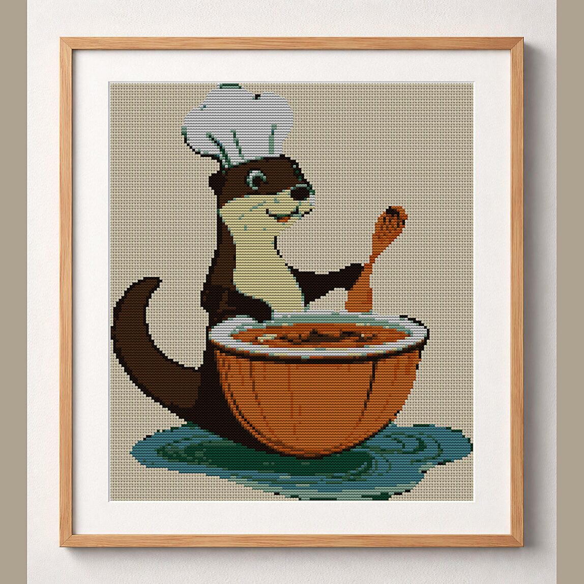 otter-cooking-lunch framed cross stitch mockup, realistic finished embroidery design, PDF pattern digital download