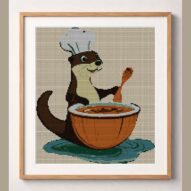 otter-cooking-lunch framed cross stitch mockup, realistic finished embroidery design, PDF pattern digital download