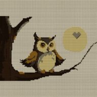 owl-moon-branch full cross stitch design mockup without frame, realistic embroidery preview