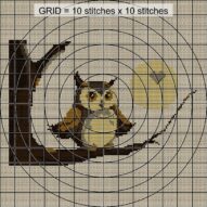 owl-moon-branch close-up cross stitch detail showing color changes, confetti areas and stitch texture