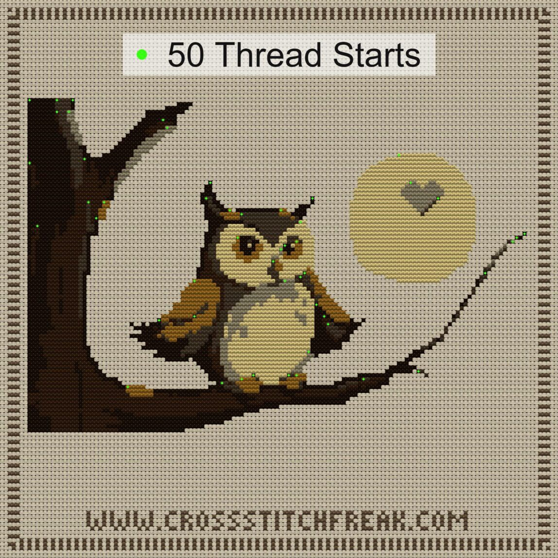 owl-moon-branch thread start point map owl-moon-branch cross stitch start point map with highlighted thread start positions in the full design