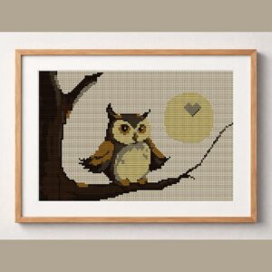 owl-moon-branch framed cross stitch mockup, realistic finished embroidery design, PDF pattern digital download