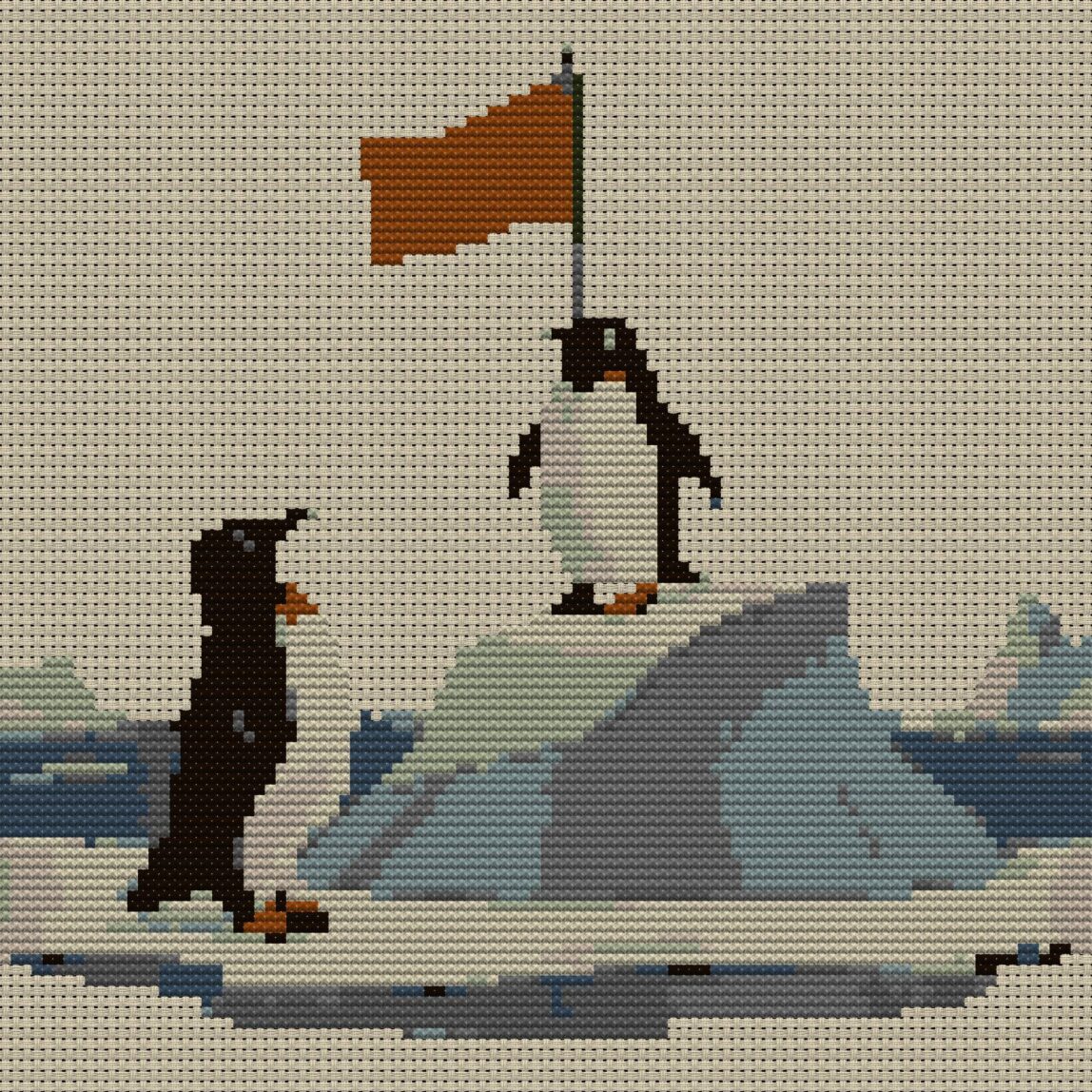 penguin-summit full cross stitch design mockup without frame, realistic embroidery preview