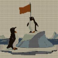 penguin-summit full cross stitch design mockup without frame, realistic embroidery preview