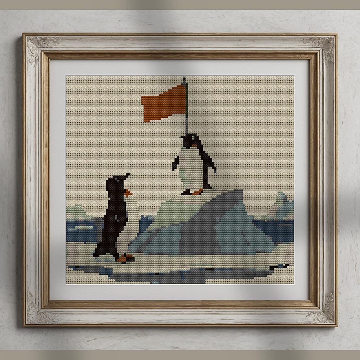 penguin-summit alternative framed cross stitch mockup, realistic finished embroidery presentation