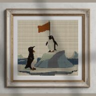 penguin-summit alternative framed cross stitch mockup, realistic finished embroidery presentation