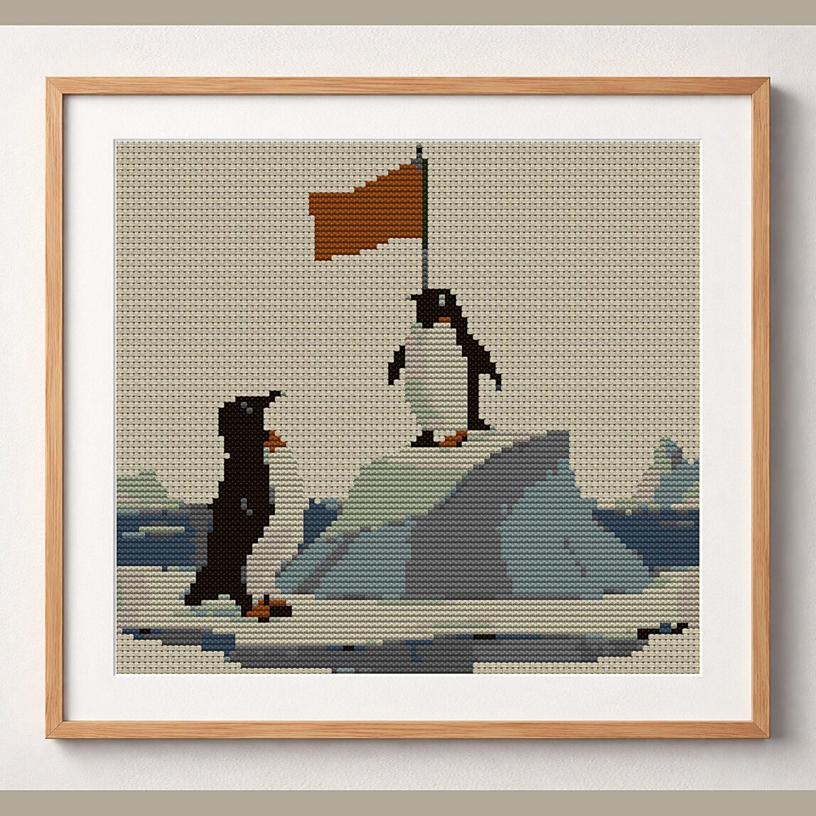 penguin-summit framed cross stitch mockup, realistic finished embroidery design, PDF pattern digital download