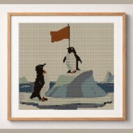 penguin-summit framed cross stitch mockup, realistic finished embroidery design, PDF pattern digital download