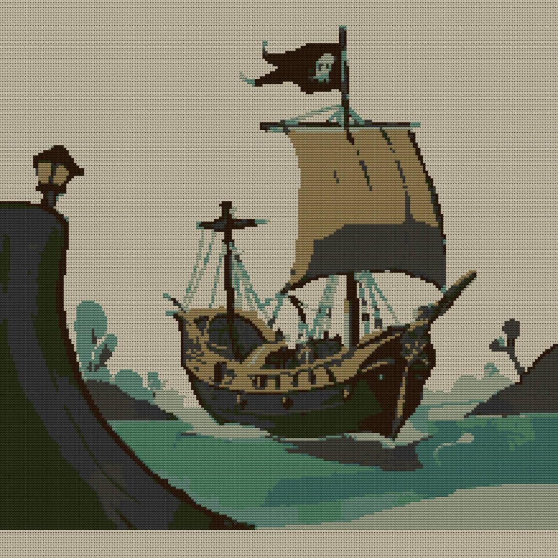 pirate-galleon full cross stitch design mockup without frame, realistic embroidery preview