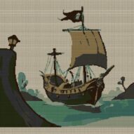 pirate-galleon full cross stitch design mockup without frame, realistic embroidery preview