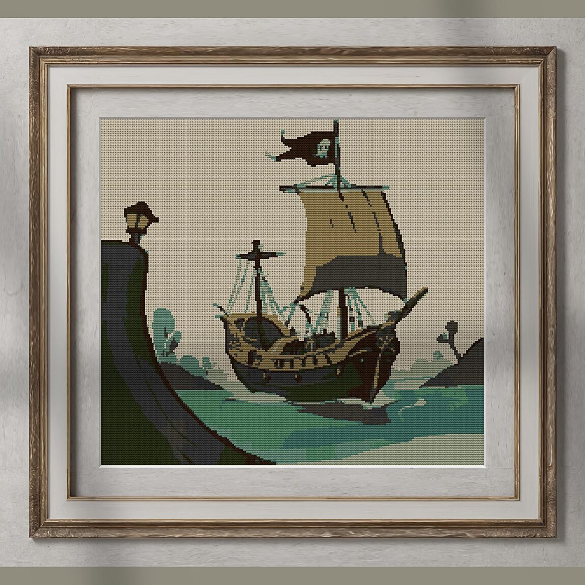 pirate-galleon alternative framed cross stitch mockup, realistic finished embroidery presentation