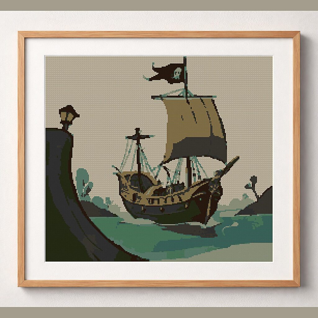 pirate-galleon framed cross stitch mockup, realistic finished embroidery design, PDF pattern digital download