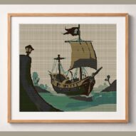 pirate-galleon framed cross stitch mockup, realistic finished embroidery design, PDF pattern digital download