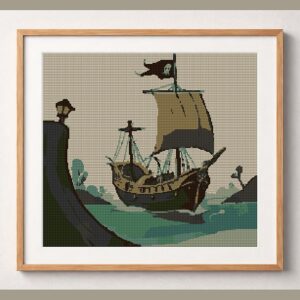 pirate-galleon framed cross stitch mockup, realistic finished embroidery design, PDF pattern digital download