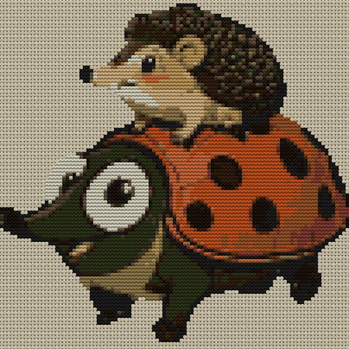 riding-hedgehog-ladybug full design mockup without frame riding-hedgehog-ladybug full cross stitch design mockup without frame, realistic embroidery preview