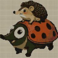 riding-hedgehog-ladybug full cross stitch design mockup without frame, realistic embroidery preview