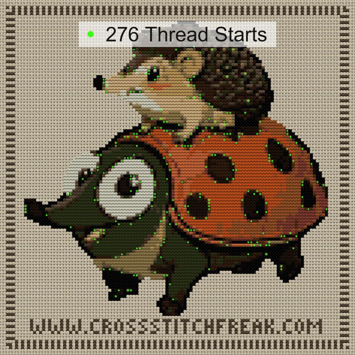 riding-hedgehog-ladybug thread start point map riding-hedgehog-ladybug cross stitch start point map with highlighted thread start positions in the full design