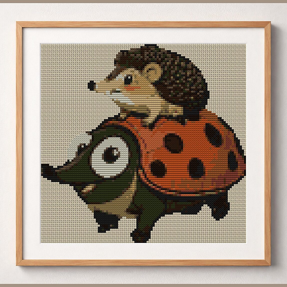 riding-hedgehog-ladybug framed cross stitch mockup riding-hedgehog-ladybug framed cross stitch mockup, realistic finished embroidery design, PDF pattern digital download
