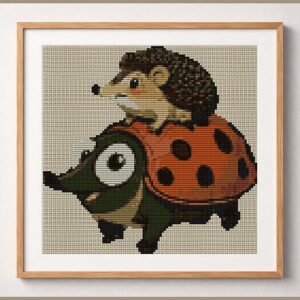 riding-hedgehog-ladybug framed cross stitch mockup, realistic finished embroidery design, PDF pattern digital download