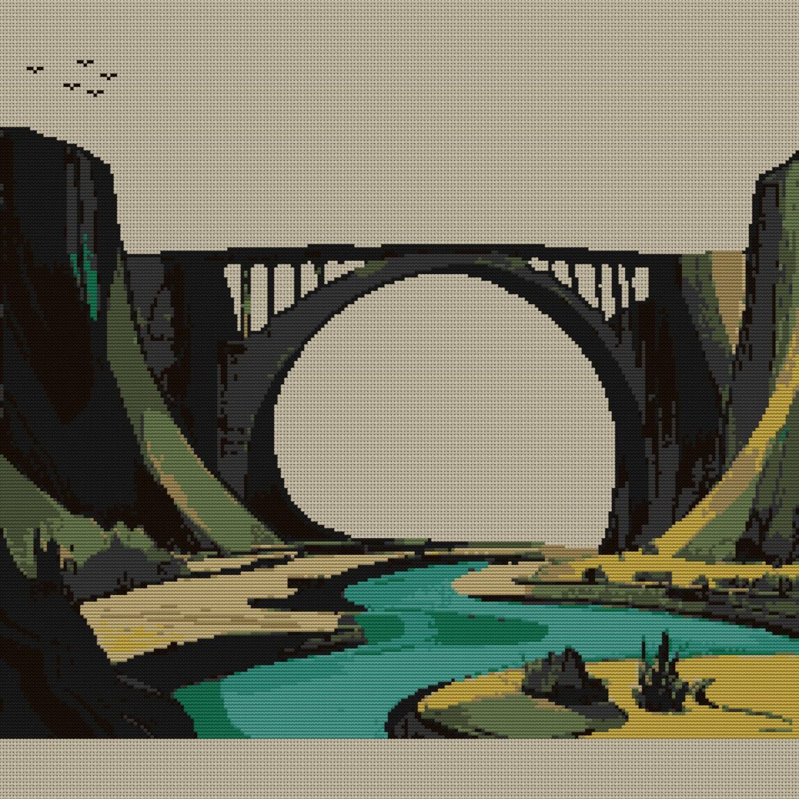 river-bridge full design mockup without frame river-bridge full cross stitch design mockup without frame, realistic embroidery preview