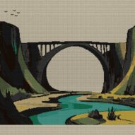 river-bridge full cross stitch design mockup without frame, realistic embroidery preview