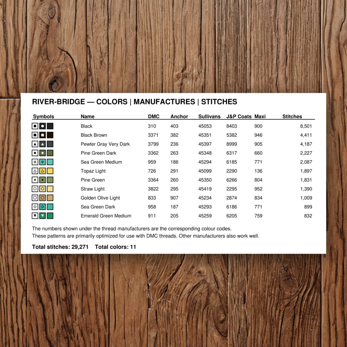 river-bridge floss color chart river-bridge thread color chart with DMC, Anchor, Sullivans, J&P Coats and Maxi color references