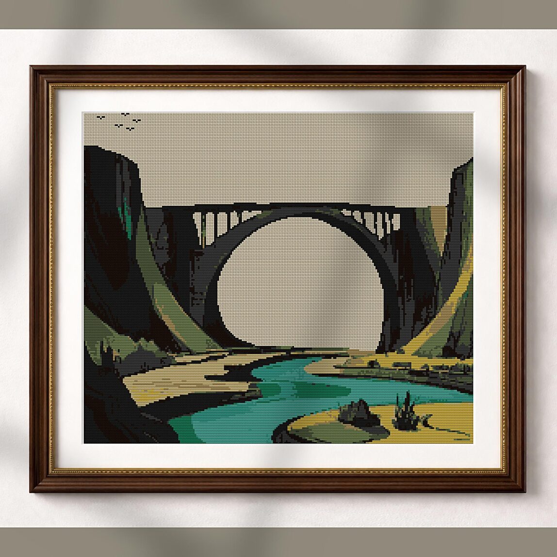 river-bridge alternative framed mockup river-bridge alternative framed cross stitch mockup, realistic finished embroidery presentation