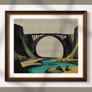river-bridge alternative framed cross stitch mockup, realistic finished embroidery presentation