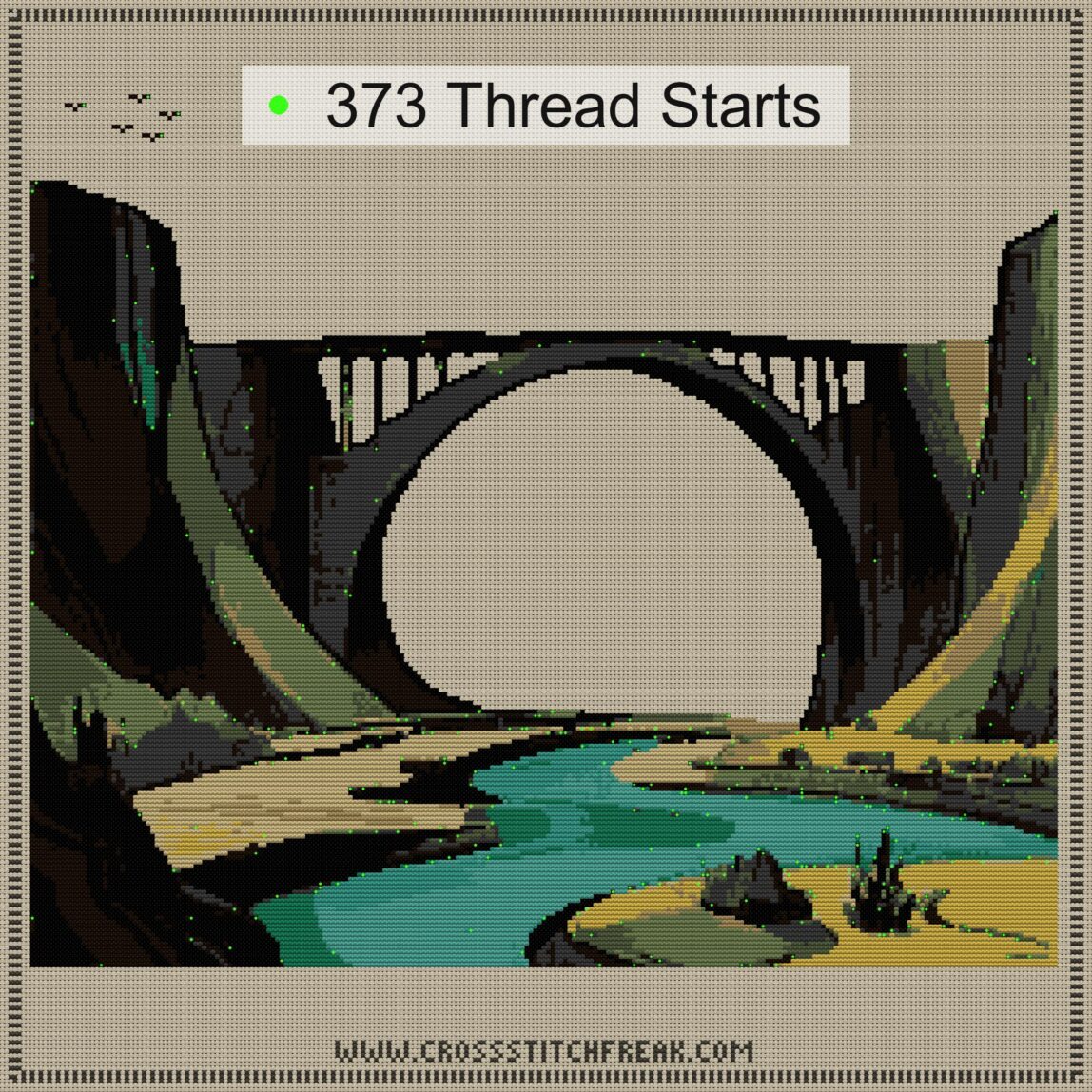 river-bridge thread start point map river-bridge cross stitch start point map with highlighted thread start positions in the full design