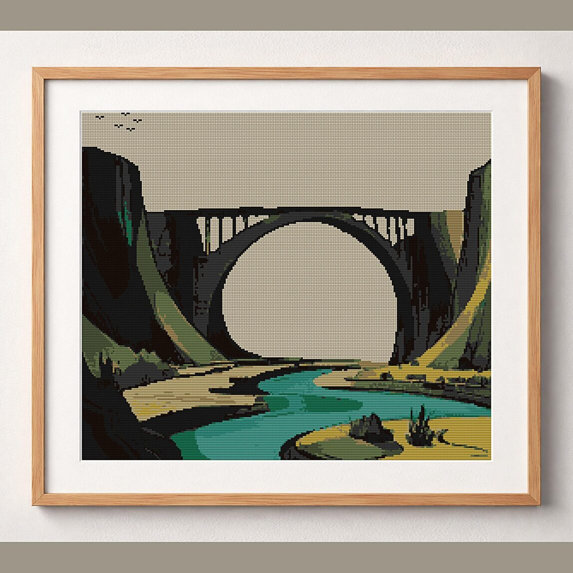 river-bridge framed cross stitch mockup river-bridge framed cross stitch mockup, realistic finished embroidery design, PDF pattern digital download