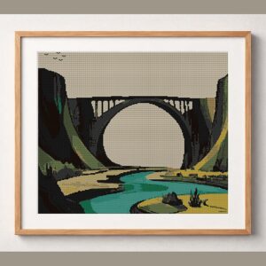 river-bridge framed cross stitch mockup, realistic finished embroidery design, PDF pattern digital download