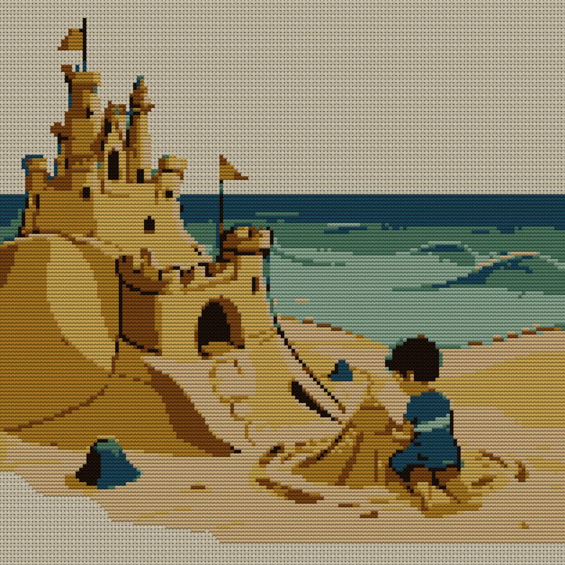 sandcastle-beach full design mockup without frame sandcastle-beach full cross stitch design mockup without frame, realistic embroidery preview