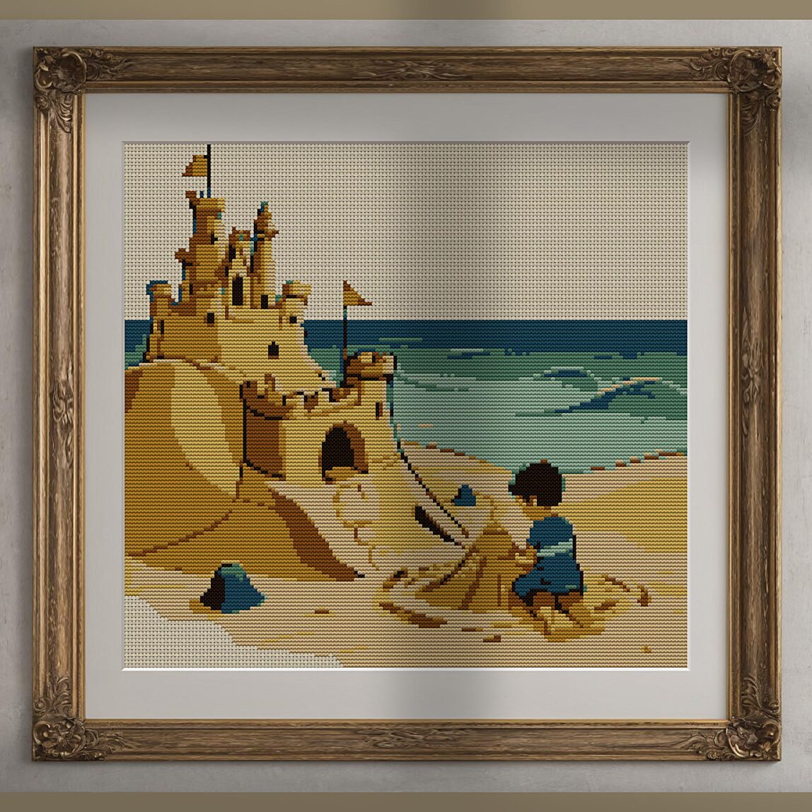 sandcastle-beach alternative framed mockup sandcastle-beach alternative framed cross stitch mockup, realistic finished embroidery presentation