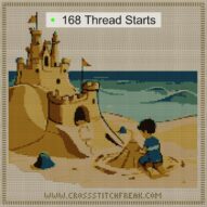 sandcastle-beach cross stitch start point map with highlighted thread start positions in the full design