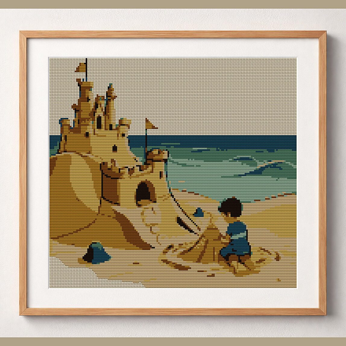 sandcastle-beach framed cross stitch mockup sandcastle-beach framed cross stitch mockup, realistic finished embroidery design, PDF pattern digital download
