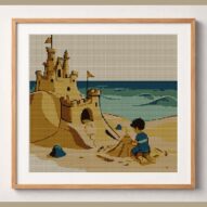 sandcastle-beach framed cross stitch mockup, realistic finished embroidery design, PDF pattern digital download