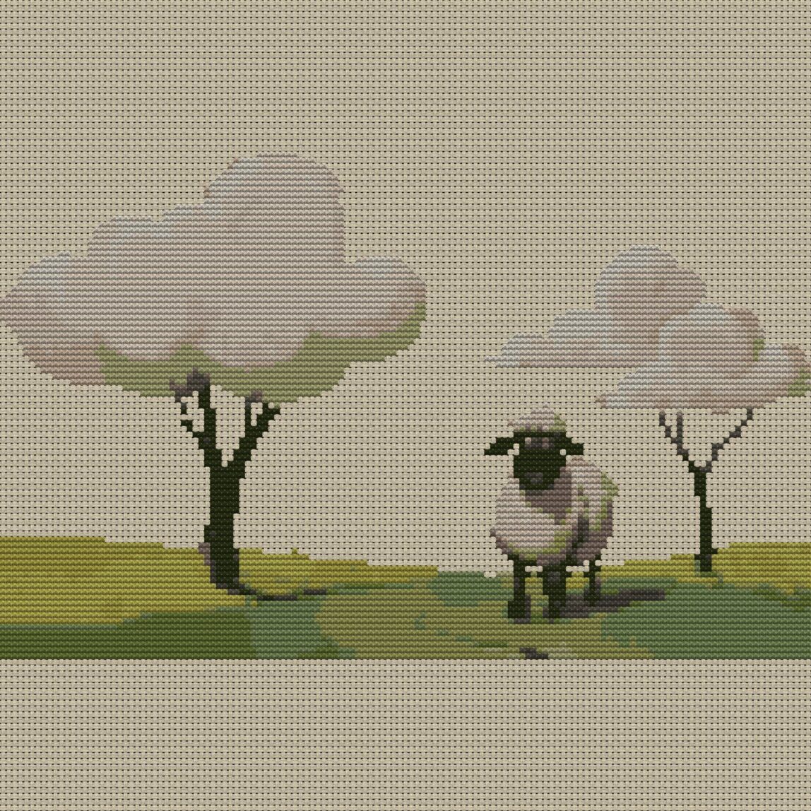 sheep-meadow-dream-trees full design mockup without frame sheep-meadow-dream-trees full cross stitch design mockup without frame, realistic embroidery preview